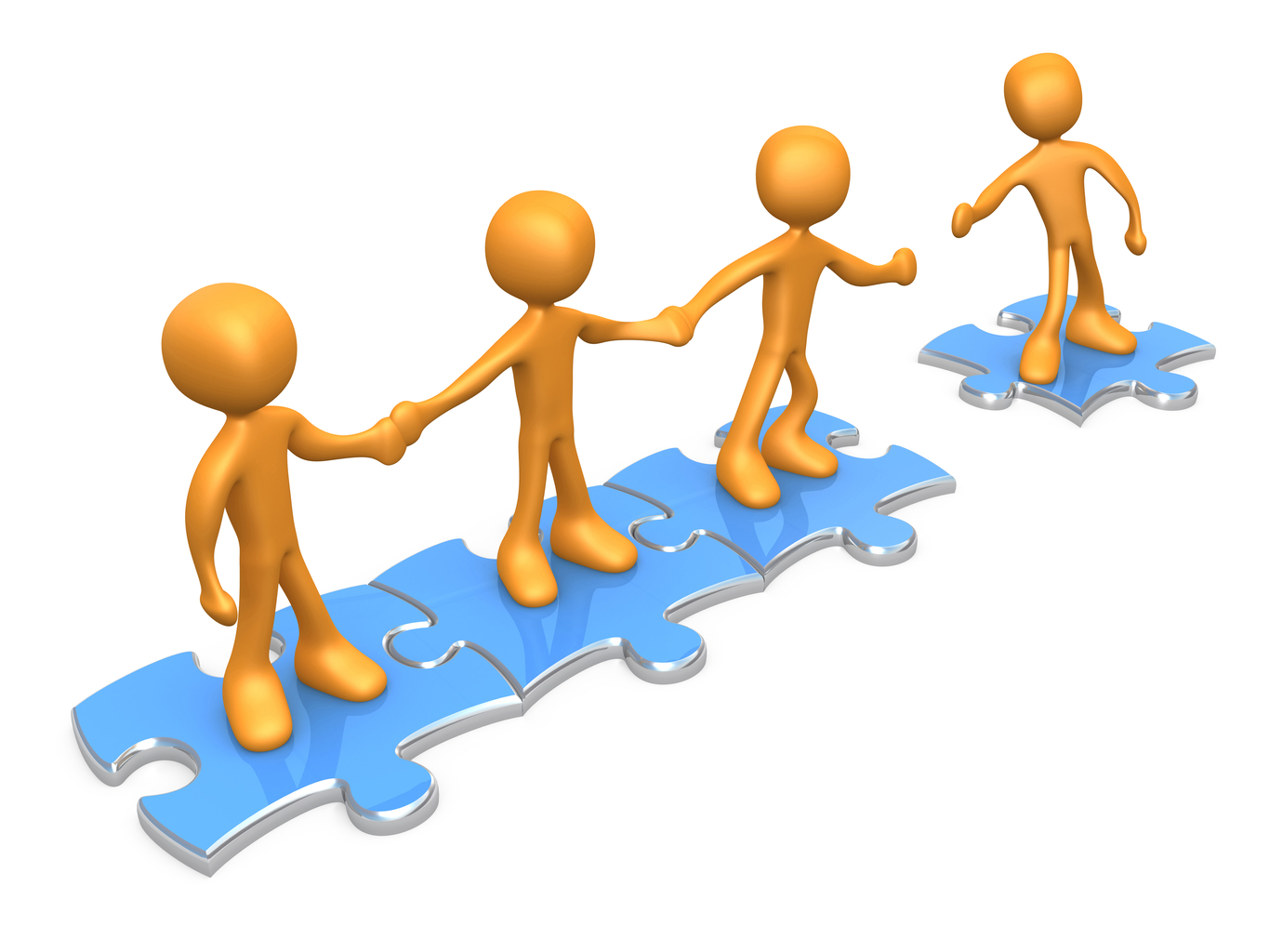 Team Of Three Orange People Holding Hands And Standing On Blue Puzzle Pieces, With One Man Reaching Out To Connect Another To Their Group Clipart Illustration Graphic